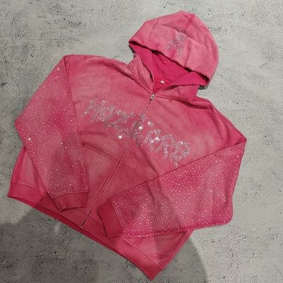 Beli Custom Diamond Baggy Boxy Fit Acid Wash Zip Up Jaket Vintage Heavyweight Streetwear Miskin Rhinestone Hoodie Pria online manufacture