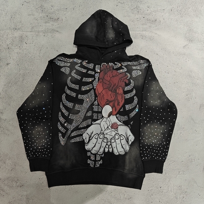 Beli Hoodie Kustom Kualitas Tinggi Streetwear Tengkorak Kerangka Grafis Pullover Vintage Acid Wash Sun Faded Rhinestone Hoodie Pria online manufacture