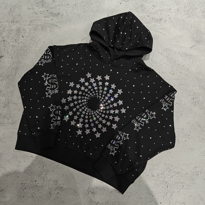 Beli Custom Luxury Diamond Oversized Baggy Boxy Pullover Hoodie Sweatshirt Vintage Streetwear Heavyweight Rhinestone Hoodie untuk Pria online manufacture