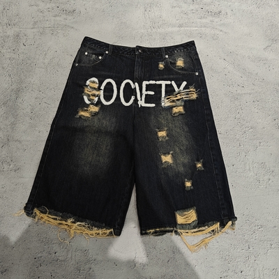Beli Custom Manufacturer Jorts Printed Short Jeans Streetwear Vintage Hitam Cuci Baggy Denim Shorts untuk Pria online manufacture