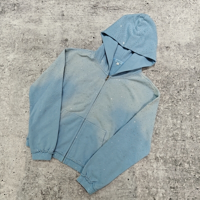 Beli Hoodie Rhinestone Heavyweight Streetwear Kustom 2025 Unisex Kosong Vintage Sun Faded Acid Wash Zip Up Oversized online manufacture