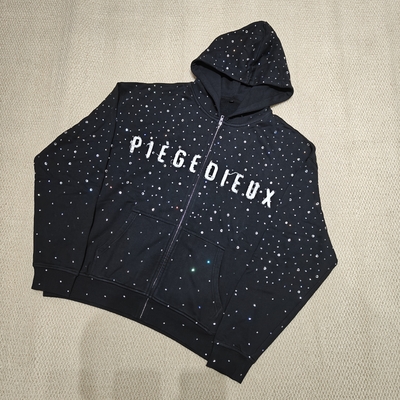 Beli Hoodie Pria Ritsleting Bordir Distressed Applique Rhinestone Kustom French Terry 100% Katun Berat online manufacture
