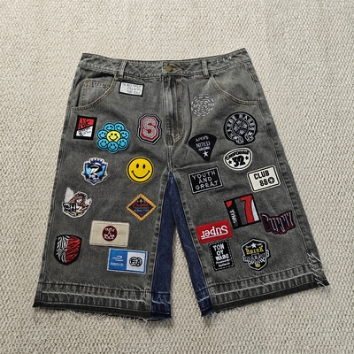 Beli Tambalan Bordir Kustom Logo Celana Pendek Longgar Streetwear Kualitas Tinggi Raw Hem Vintage Denim Jean Shorts untuk Pria online manufacture