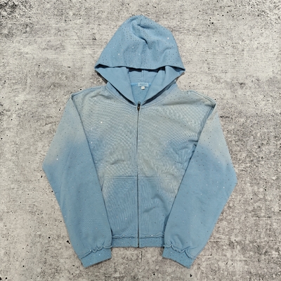 Beli Hoodie Rhinestone Heavyweight Streetwear Kustom 2025 Unisex Kosong Vintage Sun Faded Acid Wash Zip Up Oversized online manufacture