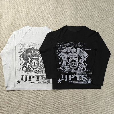 Beli Custom Streetwear Dtg Print Graphic Vintage Raw Hem Crew Neck Waffle Knit Thermal Long Sleeve T Shirt for Men online manufacture