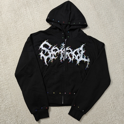 Beli Custom Distressed Embroidery Boxy Cropped Zipper Streetwear 400 gsm 600gsm Men Zip up Heavyweight Rhinestone Hoodie online manufacture
