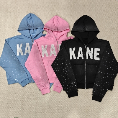 Beli Custom 2025 New Dirty Washed Mens hoodies Y2k Streetwear Vintage Distressed Applique Embroidery Rhinestone Zip up Hoodie online manufacture