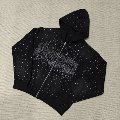 Beli Custom Bulk Luxury Shining Gemstone Oversized Rhinestone Zip up Hoodie Acid Wash Vintage Streetwear Zipped Hoodie for Men online manufacture