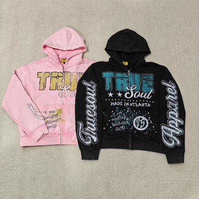 Beli Custom DTG Screen Printing Boxy Heavyweight Zipper Jackets Cotton Distressed Rhinestone Zip up Men Hoodie online manufacture