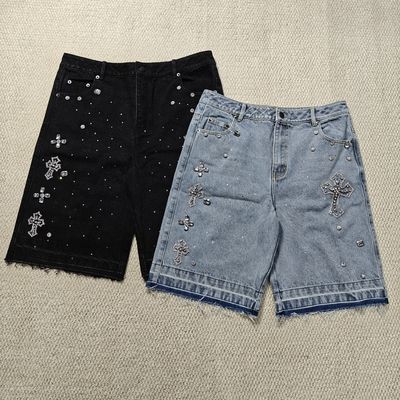 Beli Clothing Manufacturers Custom Streetwear Rhinestone Vintage Black Jeans Shorts Rhinestone Denim Shorts Jorts for Men online manufacture