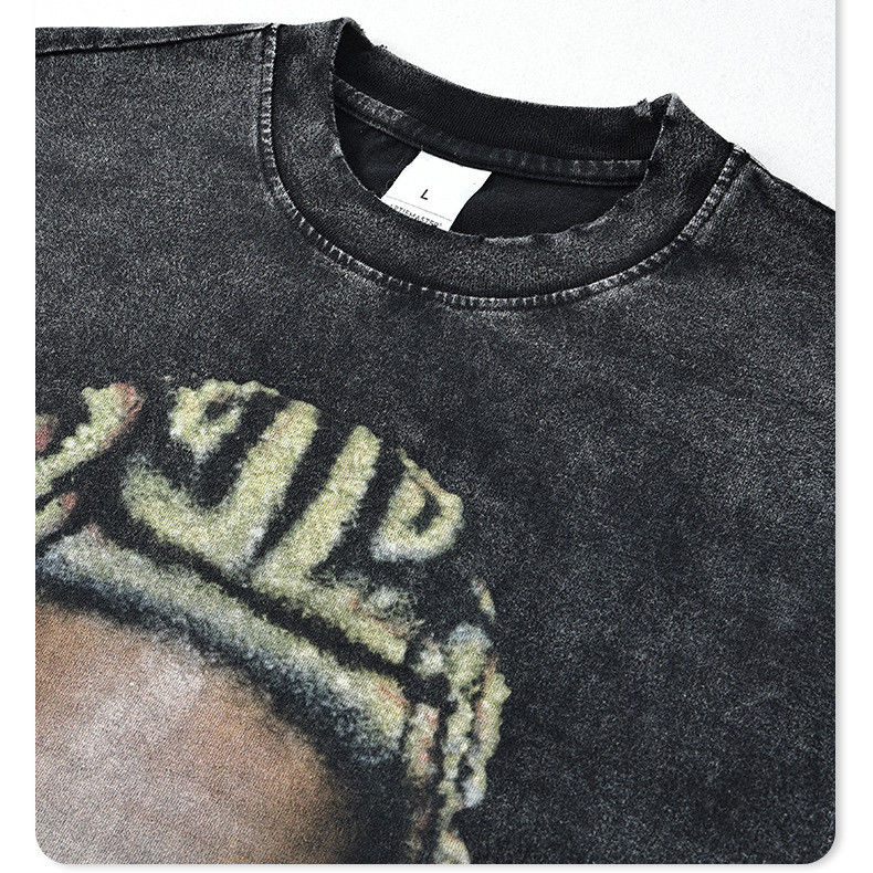 Pria Hip Hop cuci asam crewneck sweatshirt atletik hitam Distressed Vintage  T-shirt Terry Kain