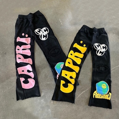 Patch Bordir Perancis Terry Acid Wash Raw Hem Distressed Flared Sweatpants Regular Fit 100% Katun