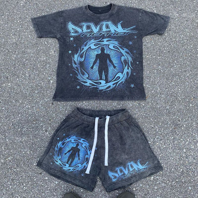 Custom Streetwear Vintage Two Piece Joggers Tshirt Stone Acid Wash Set untuk Pria