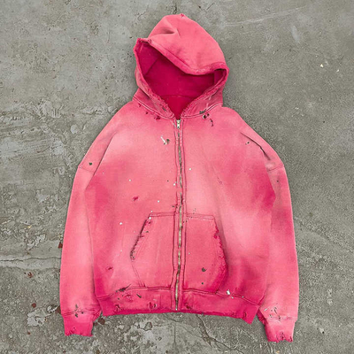 Acid Wash Zip Up Hoodie Pria Wanita 500gsm Blank Pink Acid Wash Vintage Dicabik Lubang Mendesak