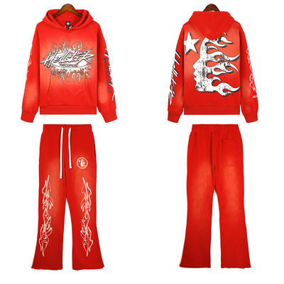 Custom Printing Tracksuit untuk Pria 100% Katun Perancis Terry Hoodie dan Flare Sweatpants Set