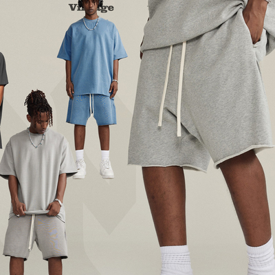 2024 Musim Panas Pria Acid Cuci Jogger Latihan Gym Vintage Elastis Pinggang Raw Hem Shorts