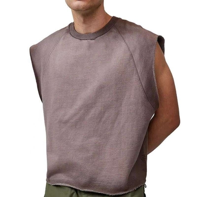 Unisex Heavyweight 100% Baju Ribbed Crew Neck Raw Hem Cut Boxy Fit T-Shirt tanpa lengan