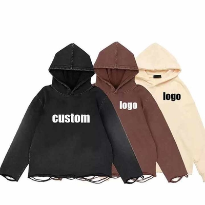 Baju Custom Logo Vintage Miskin Asam Cuci Lolos Potongan Hoodie Pria Streetwear