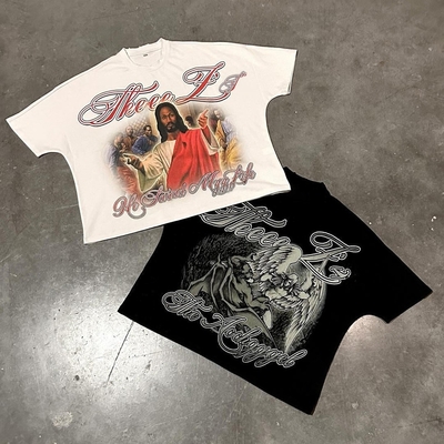 kaos hitam kotak DTG Cetak Logo Hip Hop Streetwear T-Shirt Pria Wanita Dalam Katun Berat