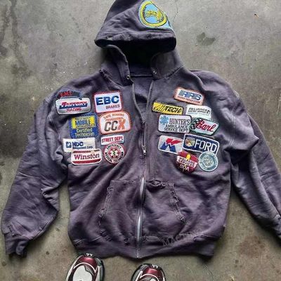 Pria Heavyweight Asam Cuci Hoodie dengan bordir Patchwork dan Distressed Applique