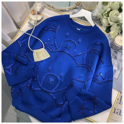 Sweatshirt Wanita Oversized Crew Neck dengan Cute Bear Graphic dan Glitter Print