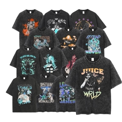 100% Baju Pria Acid Wash T-Shirt DTG Printing Ukuran Besar Batu Cuci Streetwear Tee
