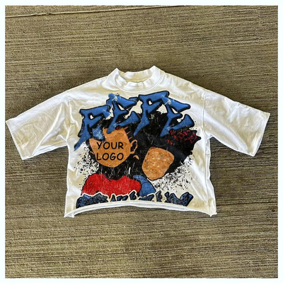 Streetwear Custom Logo Dtg Printing Desain lengan pendek Pria Grafis Potong dan Jahit Kotak Pas T-Shirt potong