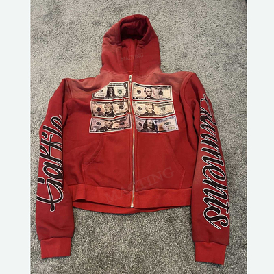 Vintage Sun Distressed Fading Acid Wash Screen Printed Hoodies dengan Kain Katun