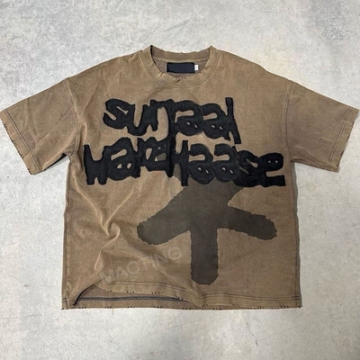 O-Neck bordir Patch Applique dijahit Tee Kotak Kotak Cut T-Shirt untuk Pria