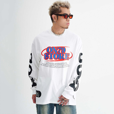 100 persen kapas kaos lengan panjang 230gm Letter Graphic Heavyweight untuk Pria