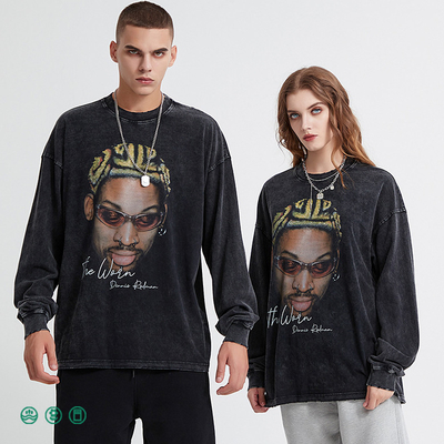 Pria Hip Hop cuci asam crewneck sweatshirt atletik hitam Distressed Vintage T-shirt Terry Kain