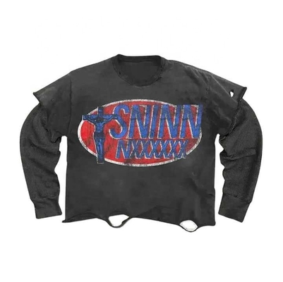 Custom lengan panjang kaos vintage Cuci robek 250Gsm T-Shirt Lembar ganda 100 kapas