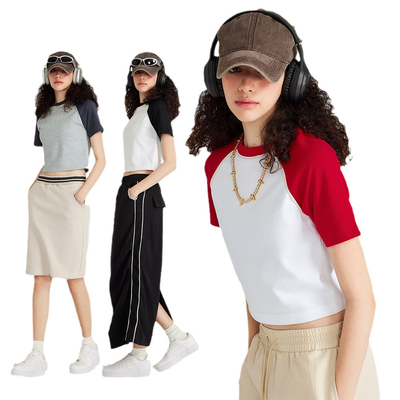 Vintage Kontras Raglan Sleeve Baseball Tee untuk Streetwear Amerika Gaya Wanita Panas