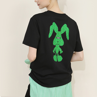 Wanita Black Rabbit Graphic Print Cotton Drop T-Shirt Bahu Bulat