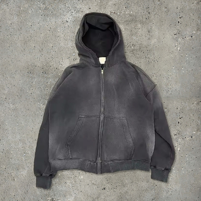 gym cokelat cuci asam bulu zip hoodie Streetwear kapas Hoodie kosong Zip Up Vintage Acid Wash Matahari memudar