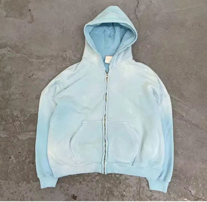 Custom acid wash hoodie zip up Men Boxy 400gms 500gm Heavyweight Matahari memudar Miskin Usia Bayi Biru
