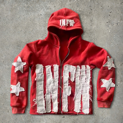 Pria 500gm Katun Miskin Custom bordir zip up hoodies Zip Up Acid Wash dipotong sweatshirt