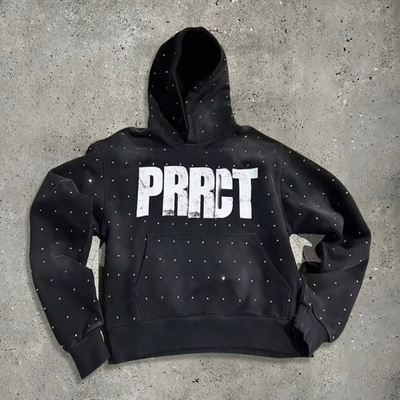 oversized rhinestone custom hoodies jaket untuk pria Rhinestone Screen Perancis Terry Vintage Sun Fading Cut Boxy