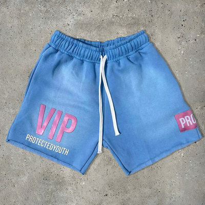 Puff Print pendek celana pendek cuci asam biru Cut Raw Hem Baju Fleece Zipper Pockets Streetwear Peluh
