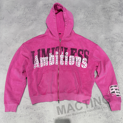Custom Streetwear Vintage Cuci Hoodie dengan 800 Gram Berat Kain dan Rhinestone