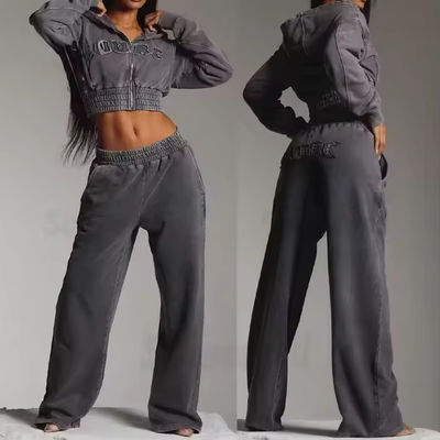 Custom Wanita Sweatsuit Acid Wash Zip Applique Distressed Bordir Patch Potong Hoodie dan Sweatpants