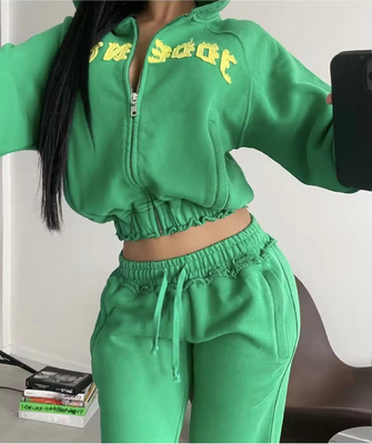 Custom French Terry Distressed Acid Wash Tracksuit Wanita untuk Musim Semi / Musim Gugur
