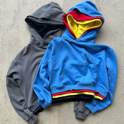 Custom Pria Hooded Sweatshirt Triple Multi-Color Blok Tiga Lapisan Sweater Hoodie