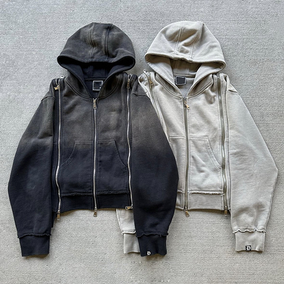 Custom Patch Triple Zip Up Berat Berat Perancis Terry Lenyap Acid Wash Hoodie