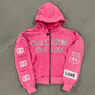 2025 Streetwear Vintage Stone Cuci Ukuran Besar Kotak Potong bordir Zip Up Ditutup Rhinestone Hoodie dengan kantong