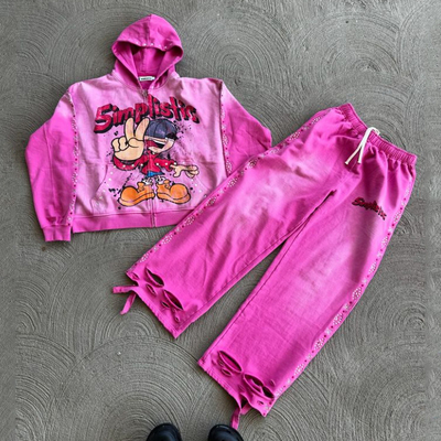 Streetwear Rhinestone Zip Up Hoodie Sweat Pants Set Acid Wash Pria Tracksuit Sun Fading Pria Sweatsuit