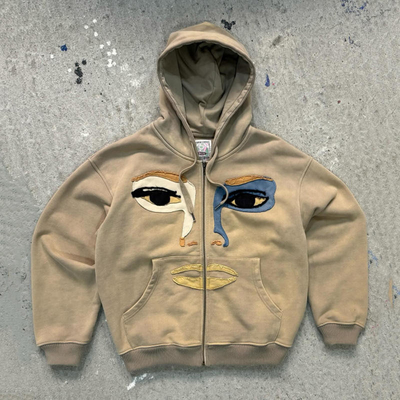 Custom tebal berat 100% kapas asam cuci Perancis Terry distressed patch kerja bordir Zip Up Hoodies pria