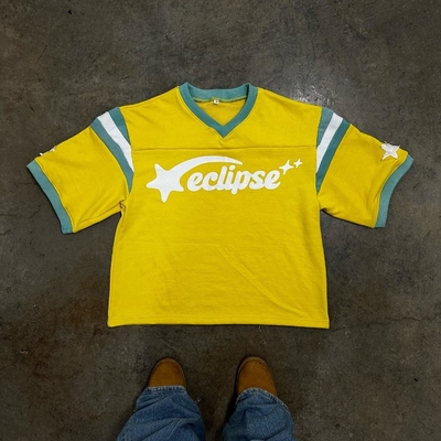 Custom Logo Printing Perancis Terry Heavyweight Kotak Cut T-Shirt Pria Retro Football Jersey