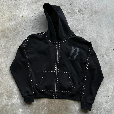 Custom Streetwear Boxy Fit Perancis Terry 100% Katun Zip Up Rivet Studded Rhinestone Pria Hoodies
