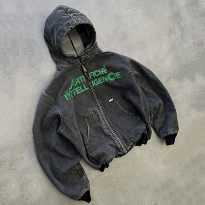 Custom Heavyweight Boxy Fit Vintage Acid Wash Rips Distressed Zip Up Denim Hoodie Jaket Pria